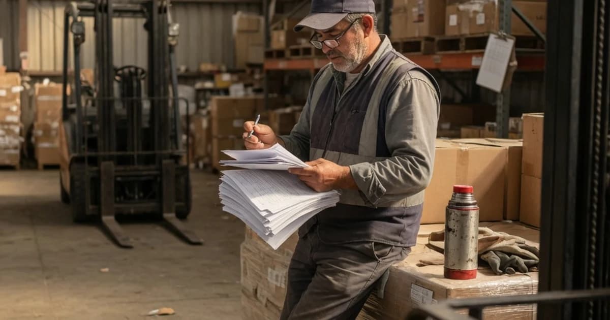 Trabajador revisando un contrato en un almacén
