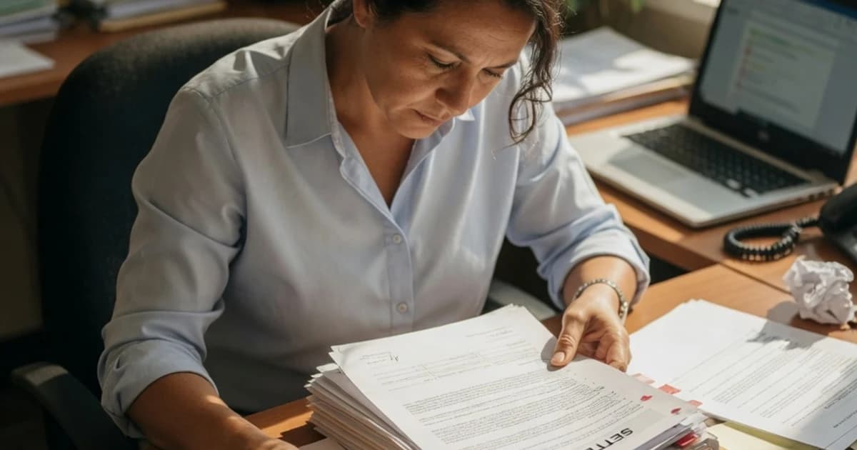 Persona revisando un documento de liquidación en la oficina