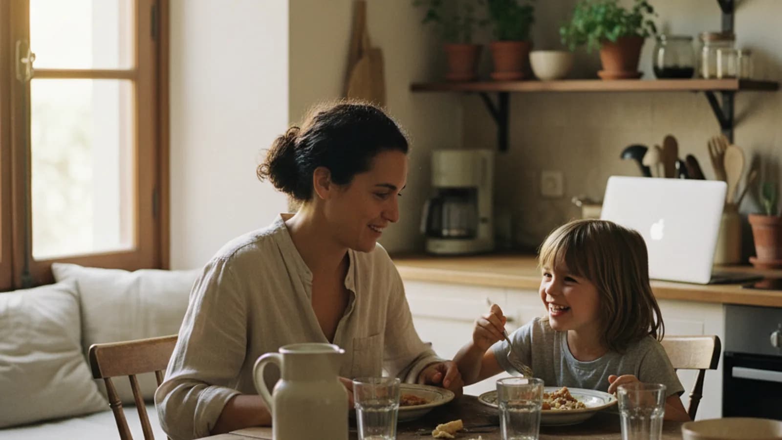 Foto editorial de un adulto y un niño compartiendo una comida en la cocina con luz cálida