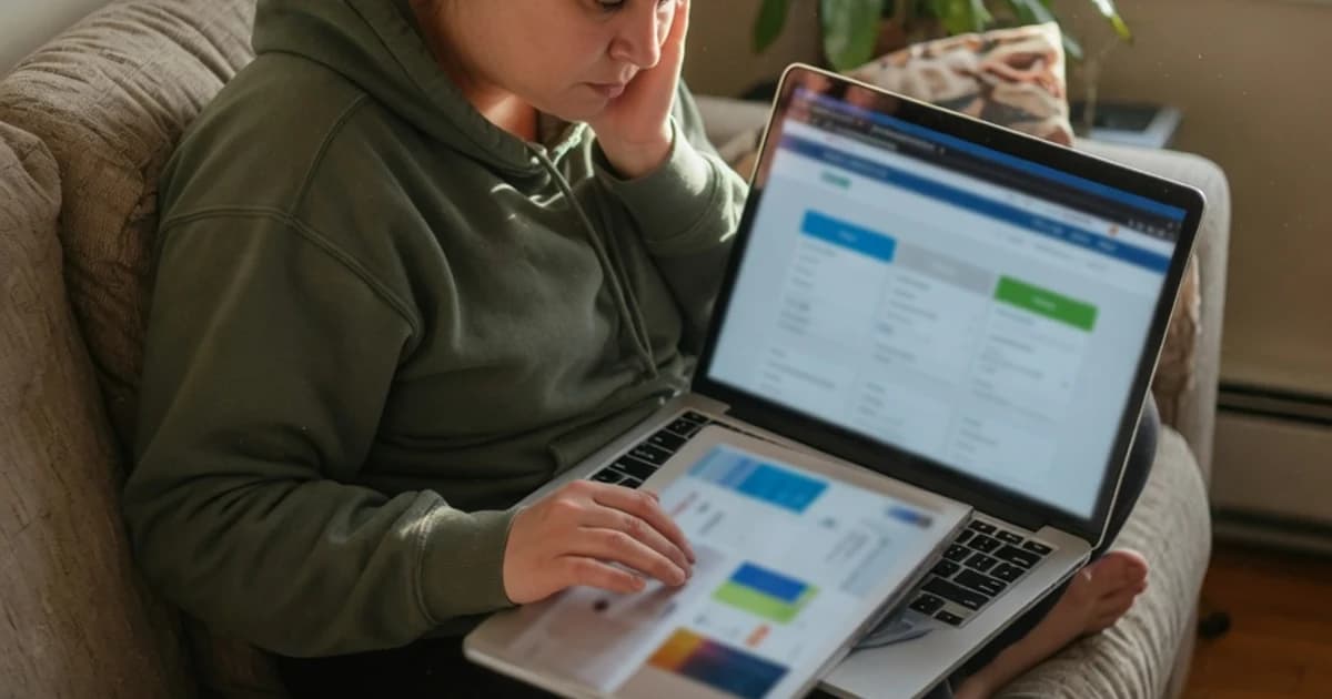 Persona comparando cuentas bancarias en el portátil en casa