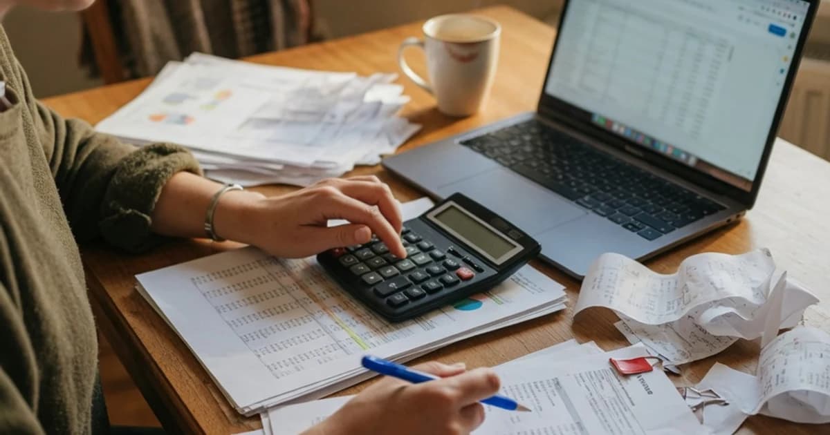 Persona revisando documentos financieros con calculadora y portátil