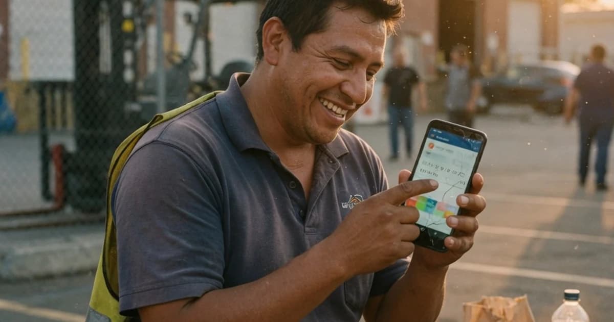 Trabajadora contenta consultando su primer sueldo en el móvil