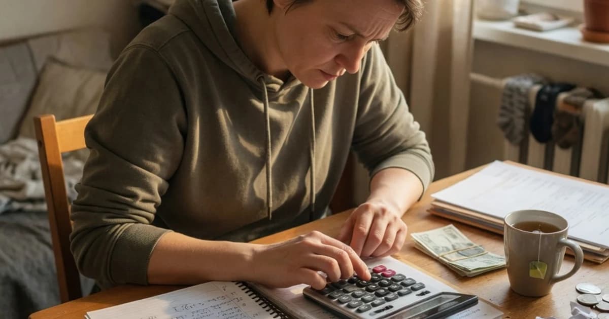 Persona planificando sus finanzas con notas y calculadora en casa