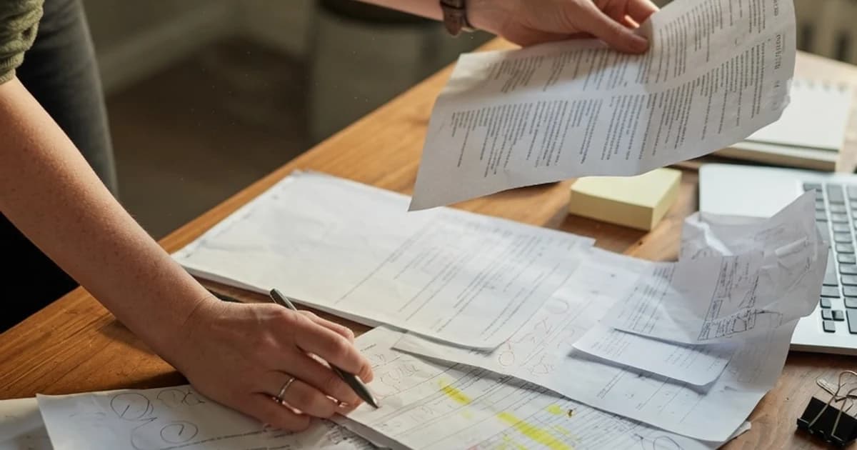 Persona comparando varios documentos sobre la mesa