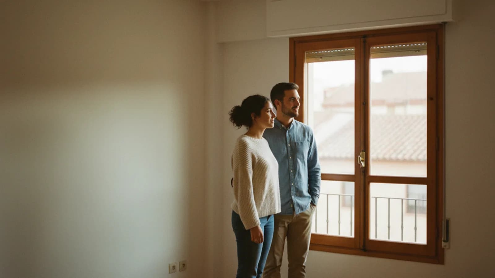 Foto editorial de una pareja joven en el salón vacío de un piso nuevo con cajas de mudanza