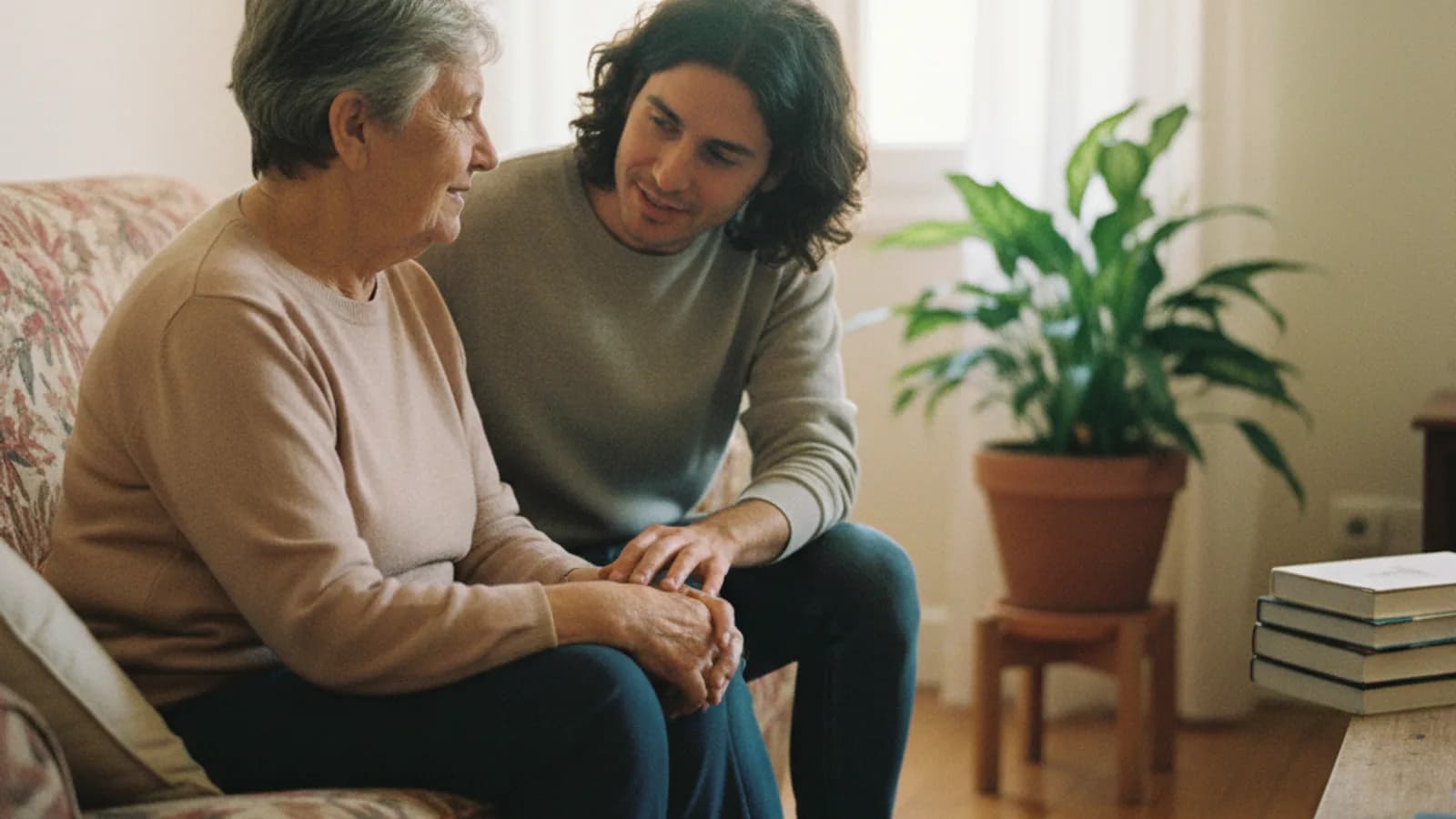 Foto editorial de una escena familiar multigeneracional en un salón con luz cálida