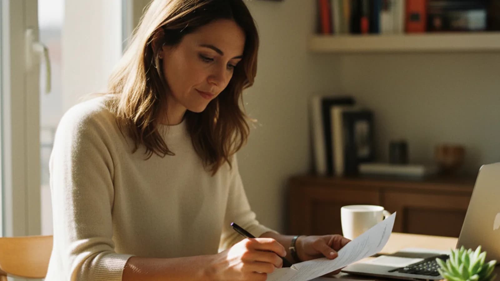 Mujer revisando documentos con calculadora en casa