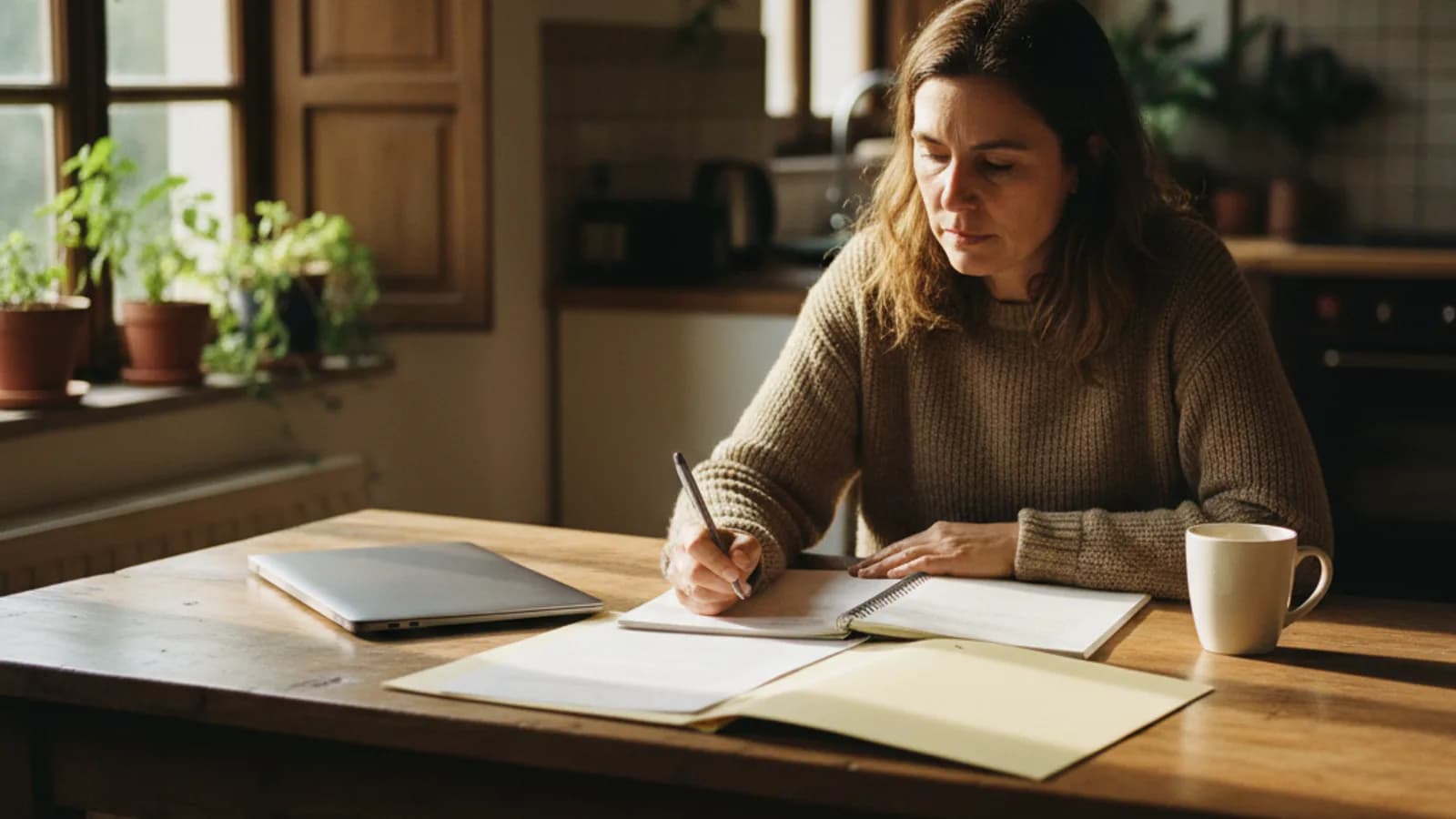 Mujer organizando documentos en la mesa de la cocina