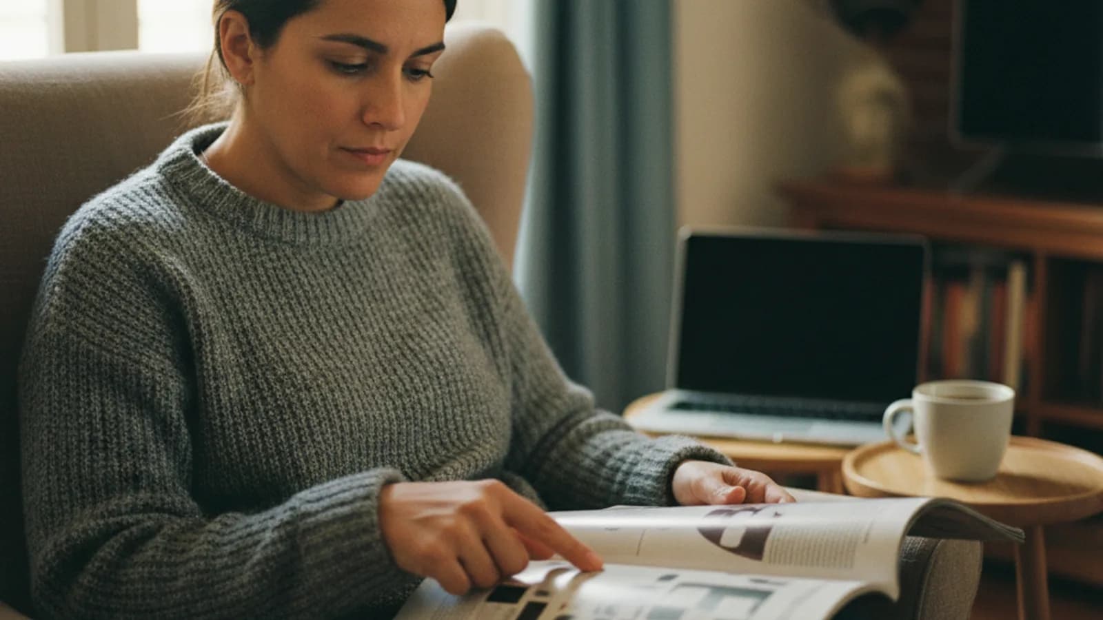 Persona leyendo una revista en el salón