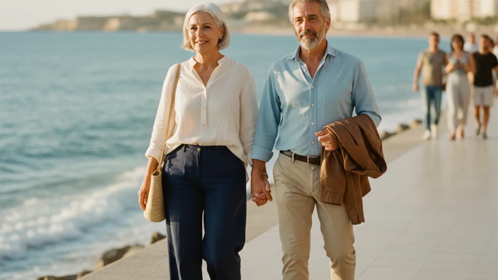 Foto editorial de una pareja mayor paseando por un paseo marítimo al atardecer