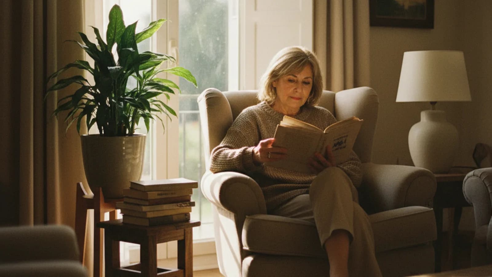 Foto editorial de una mujer leyendo un libro junto a una ventana con luz cálida