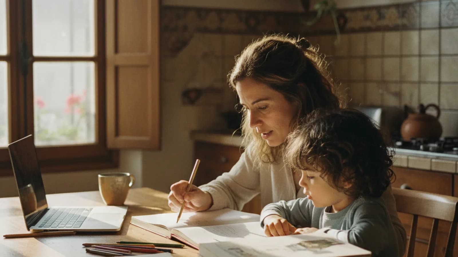Foto editorial de una familia haciendo deberes en una mesa de cocina con luz natural