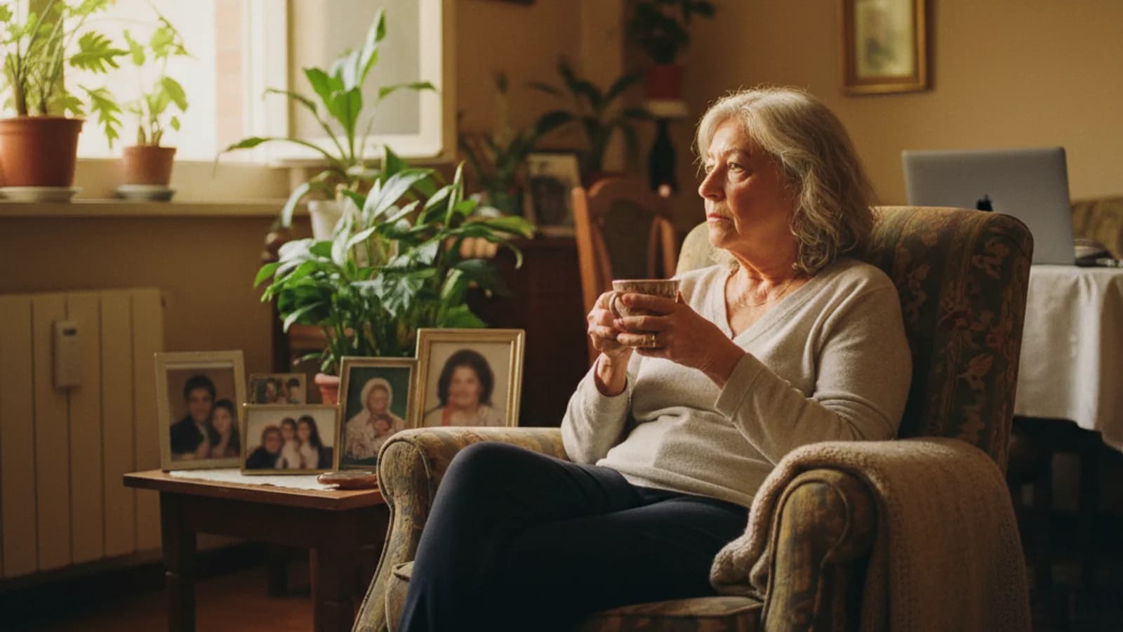 Foto editorial de una mujer mayor con una taza de té en su salón con luz cálida