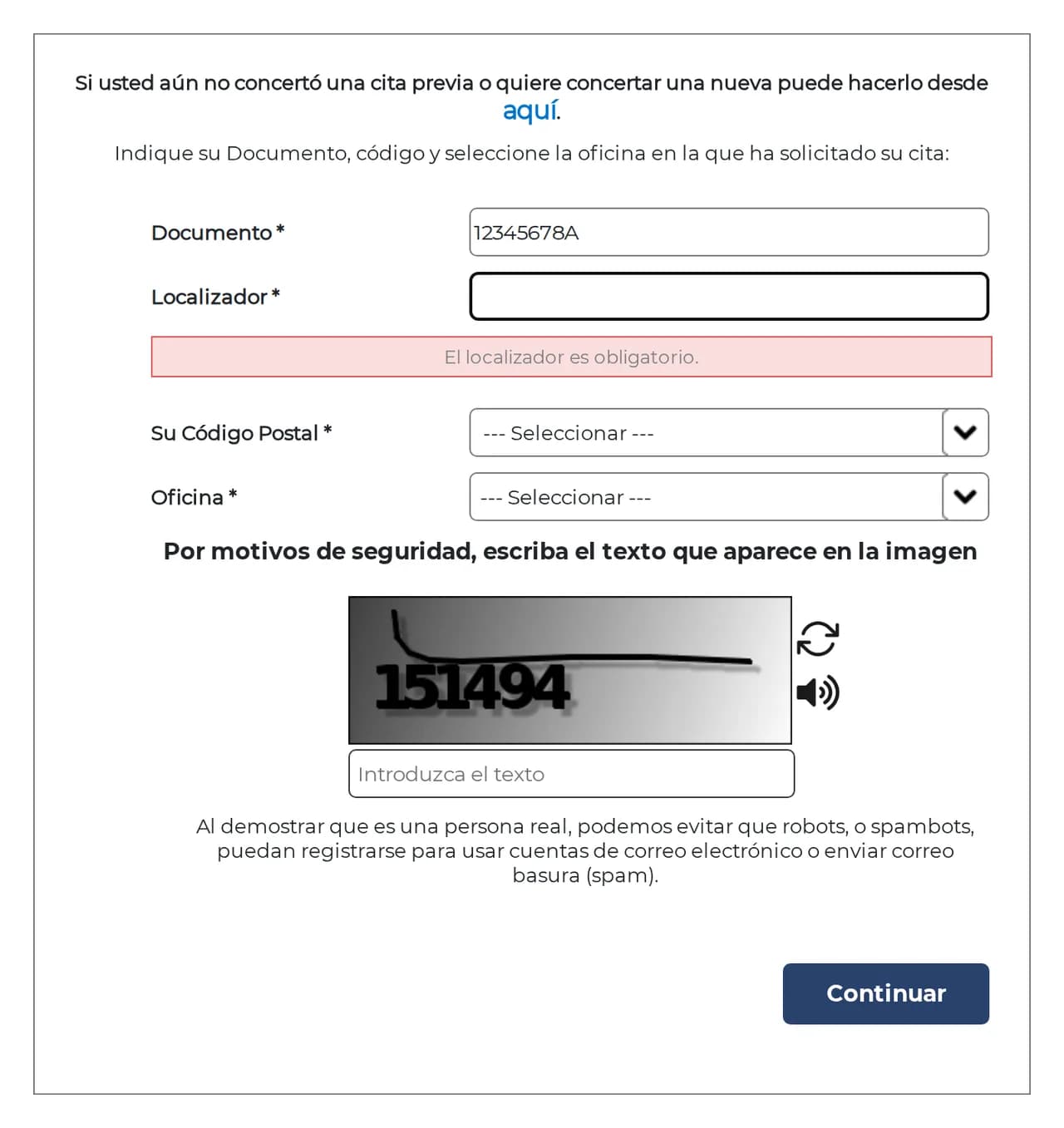 Mensaje de error del formulario del SEPE al intentar continuar sin localizador: El localizador es obligatorio