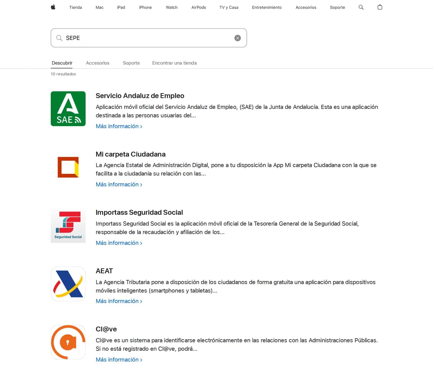 Resultados de buscar SEPE en la web de Apple: Servicio Andaluz de Empleo, Mi carpeta Ciudadana, Importass Seguridad Social, AEAT y Cl@ve